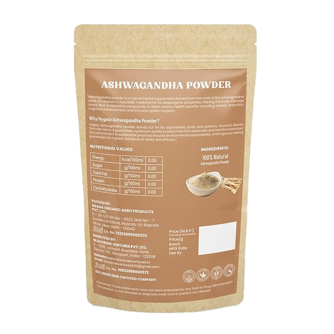 HYGEIA Ashwagandha Root Powder (100 G) - Ashwagandha Supplement | Indian Ginseng, Withania Somnifera | Active Withanolides, Adaptogenic Ayurvedic Herbal Supplements, Gluten Free, India Origin