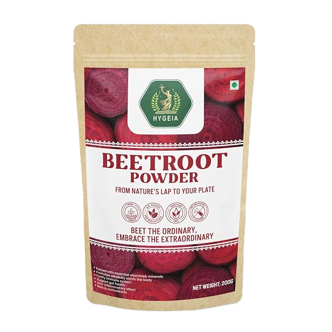 HYGEIA Beetroot Powder: 200 G | Face, Lips, Hair, Drinking, Eating, Immunity, Pre-Workout | Improving Heart Health | Supporting Blood Pressure | Glowing, Shiny Skin Face Pack, Healthy Pinkish Skin And Rosy Cheeks | Free Of Parabens and Sulphates |
