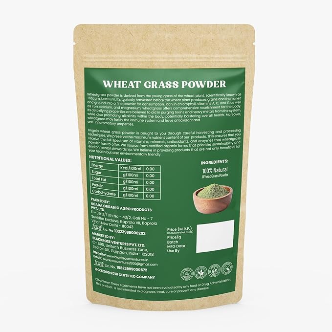 HYGEIA Wheatgrass Powder 200 Gm | Non-GMO, Vegan, Superfood | Antioxidant, Energy, Detox, Immunity Booster, Skin Health| Resealable Bag | Wheatgrass powder for energy, detoxification, and immunity support |
